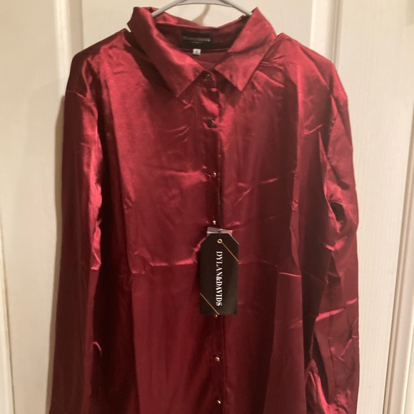 NWT DRESSY SATIN BUTTON DOWN BLOUSE (Burgundy) - Picture 2 of 6